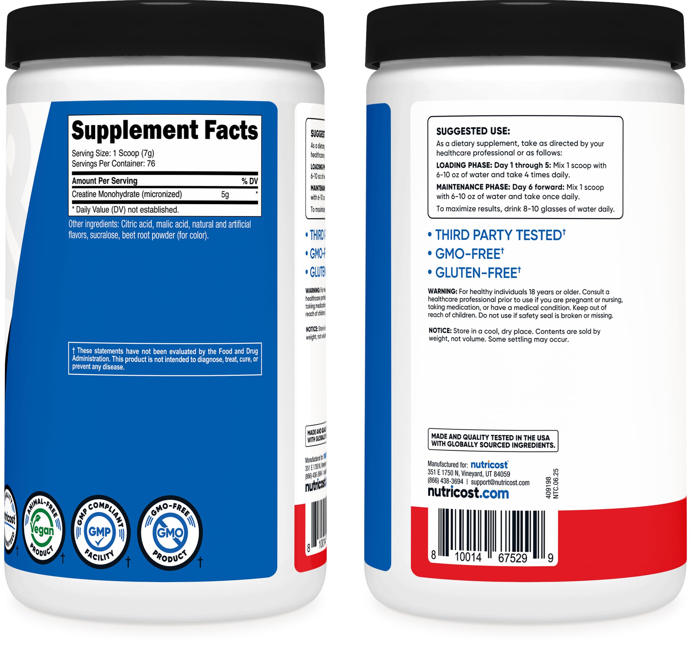 Nutricost Creatine Monohydrate label shows ingredients and certifications.