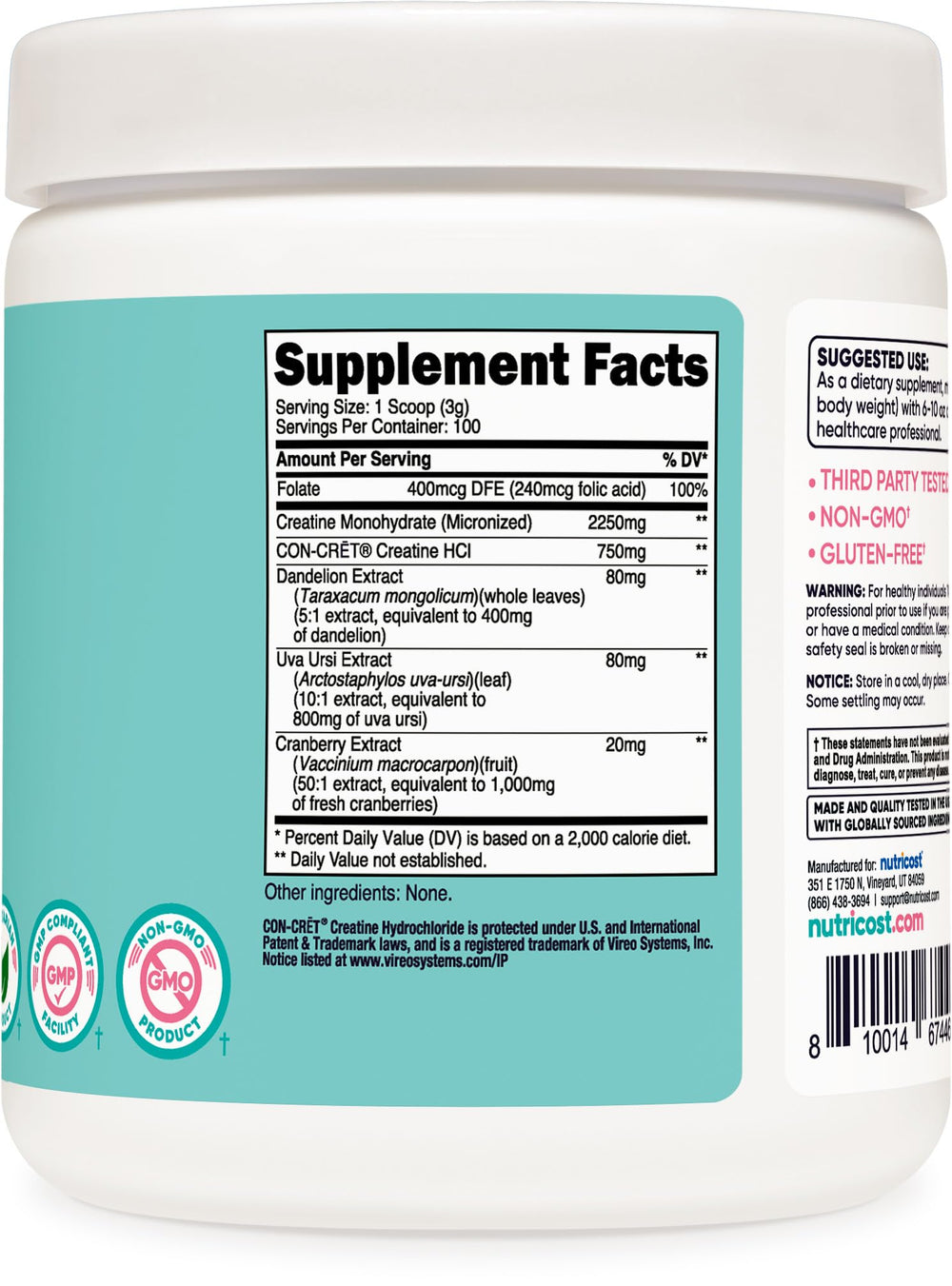 Nutricost Creatine Monohydrate Powder label highlights unflavored, gluten-free qualities.