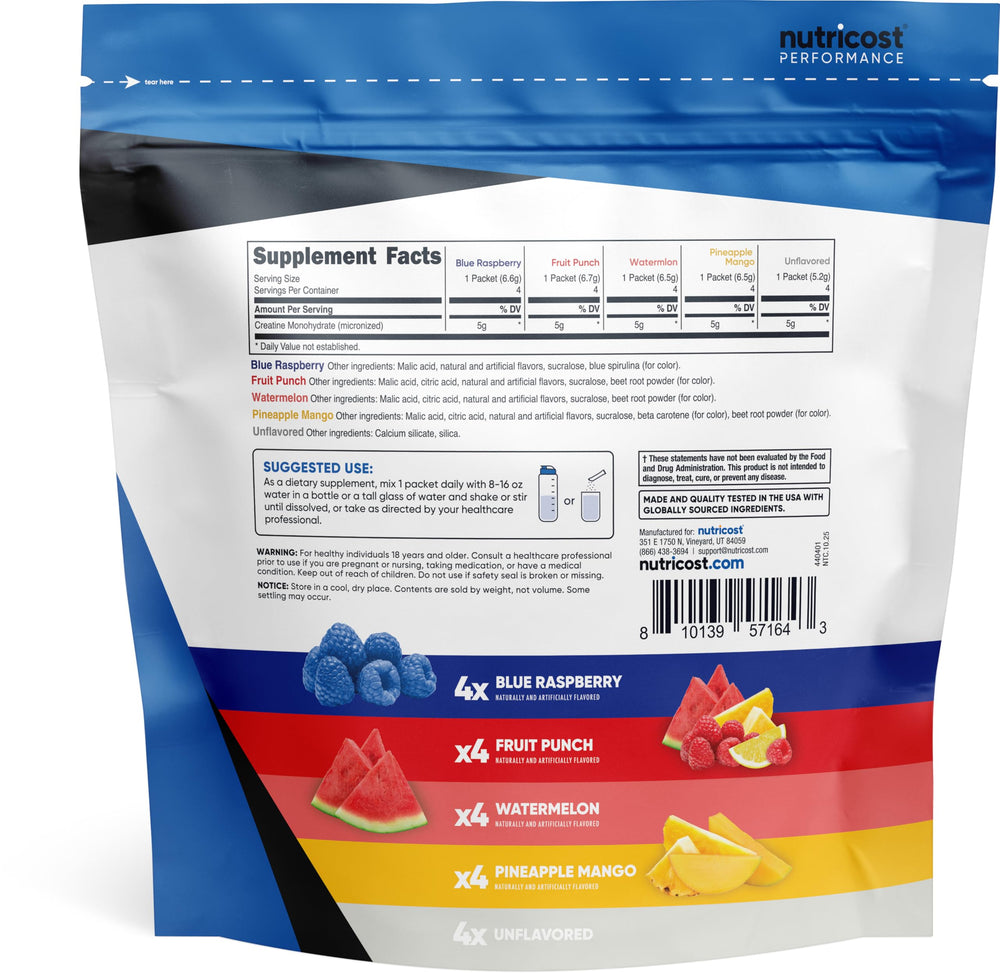 Nutricost Creatine Monohydrate stickpack Unflavored versatile mix with any drink
