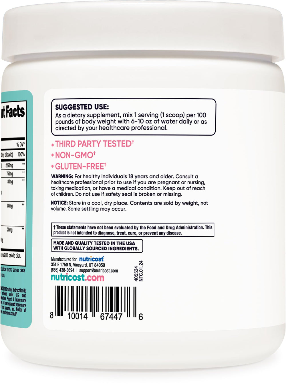 Nutricost Creatine Monohydrate powder close-up highlights micronized texture for smooth mixing.
