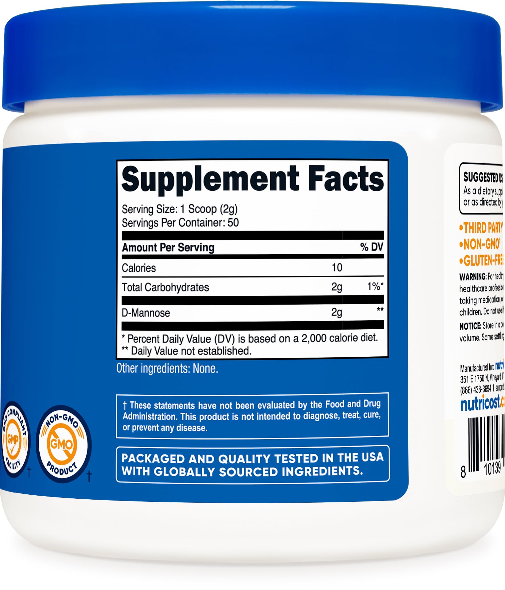 GMP-certified, FDA-registered facility badge beside Nutricost D-Mannose powder.