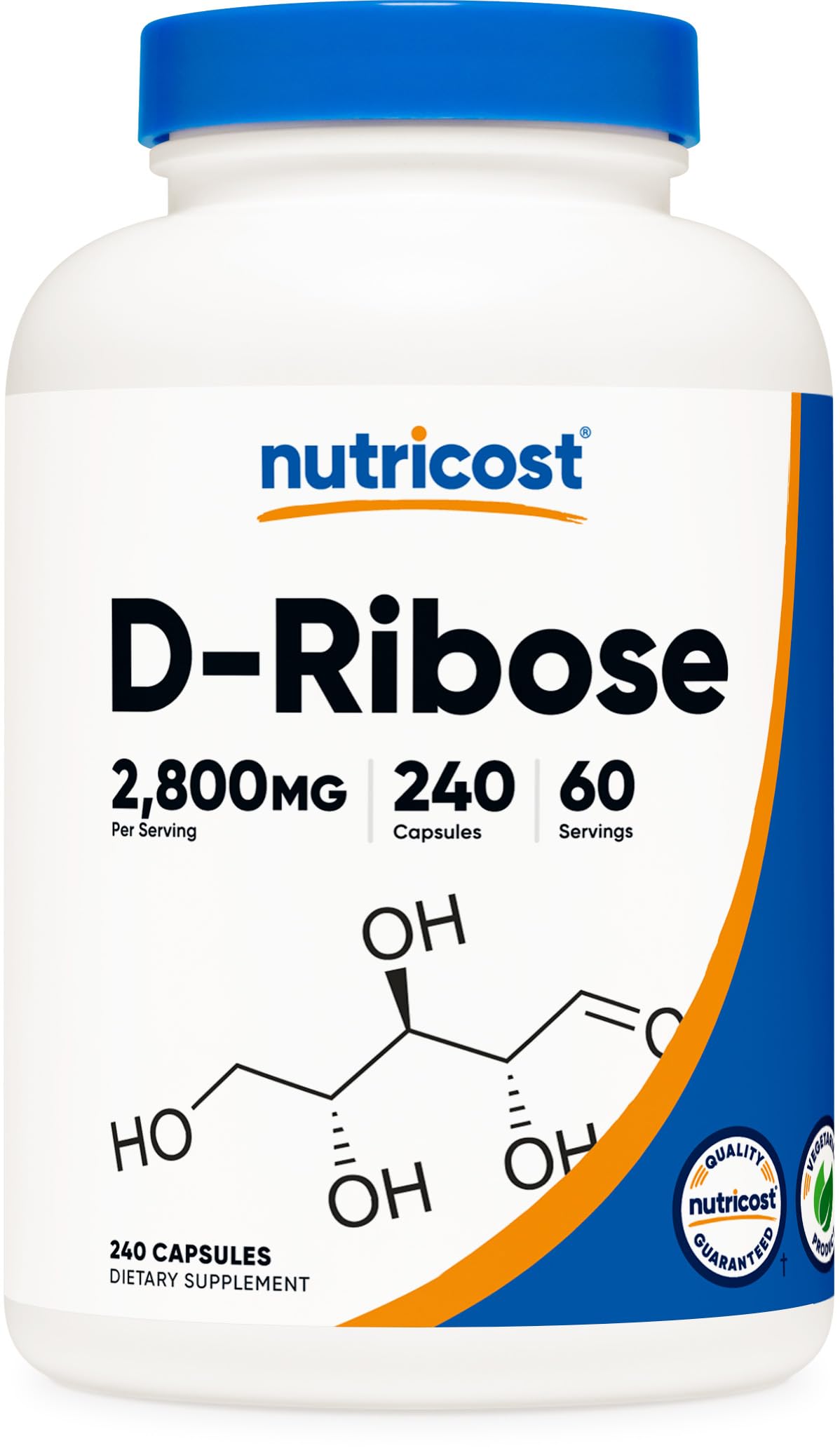 Nutricost D-Ribose bottle front showing 240 veggie capsules for daily use