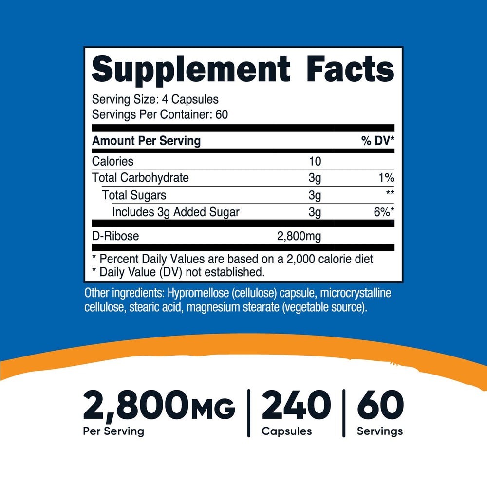 Nutricost D-Ribose capsules close-up highlighting 700mg per capsule
