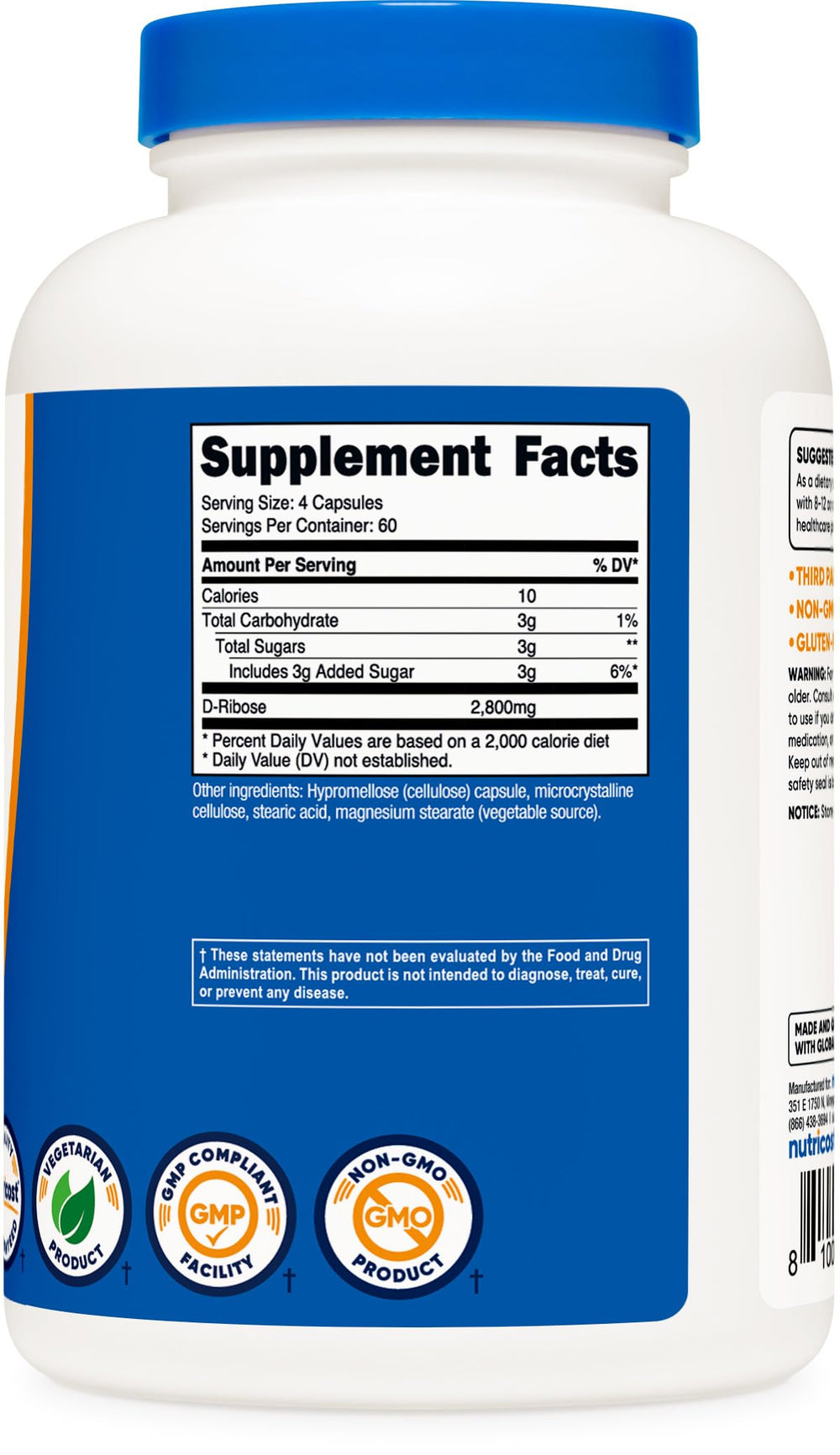 Nutricost D-Ribose packaging emphasizing gluten-free and non-GMO features