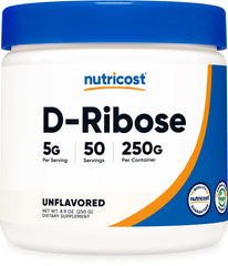 Nutricost D-Ribose powder bottle for daily wellness with pure ingredients.
