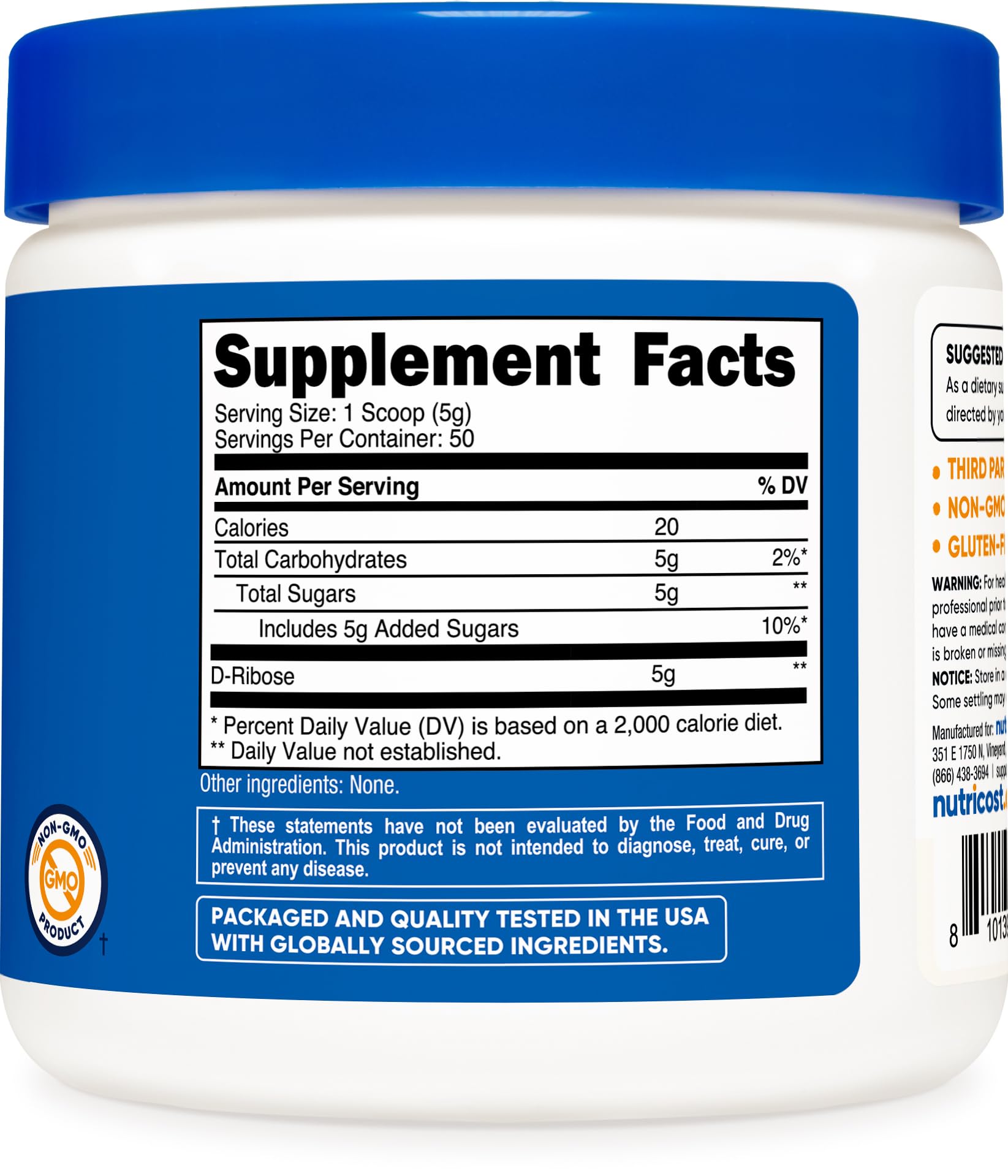 Nutricost D-Ribose powder container emphasizes gluten-free and non-GMO formula.
