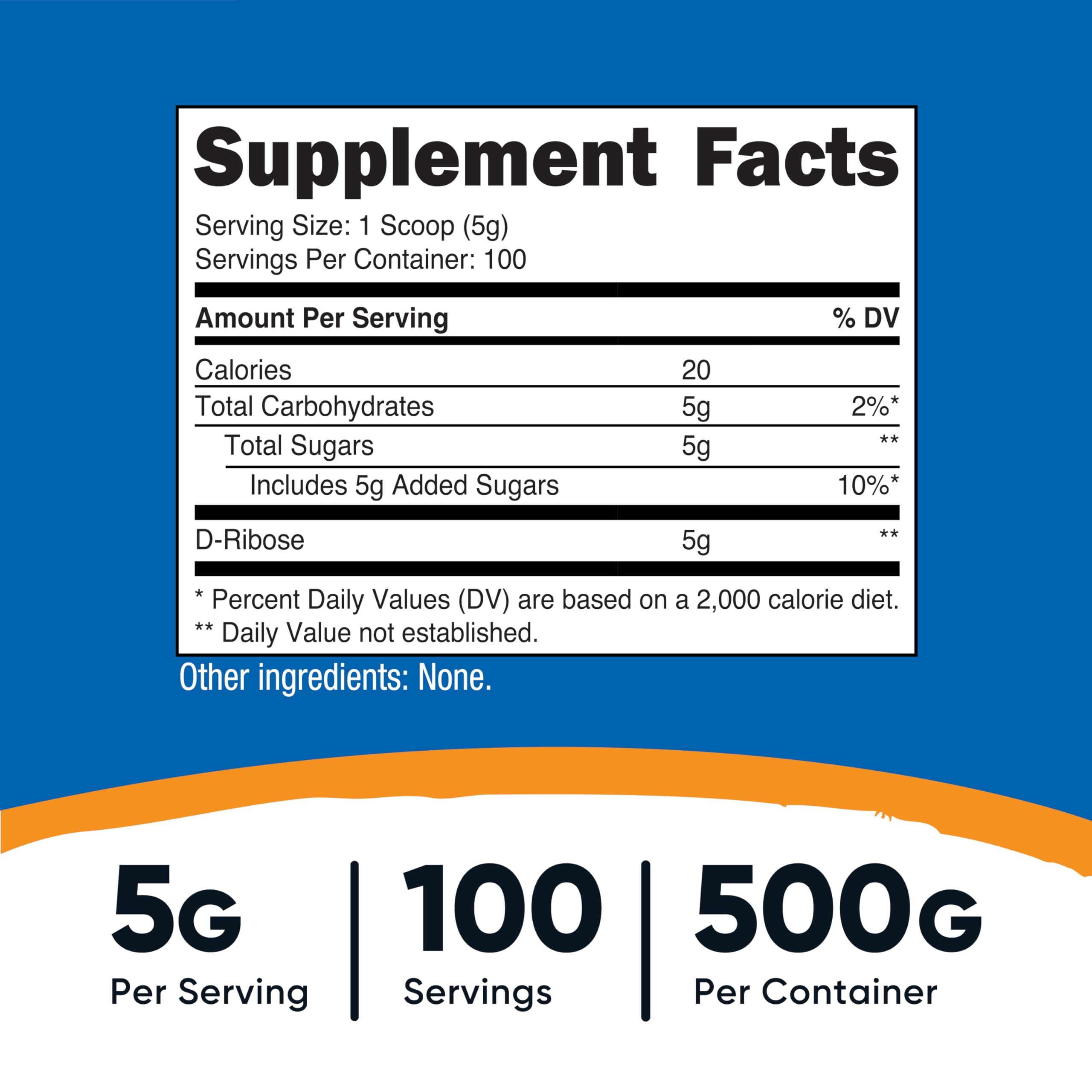 Nutricost D-Ribose powder scoop included for precise 5 g servings.