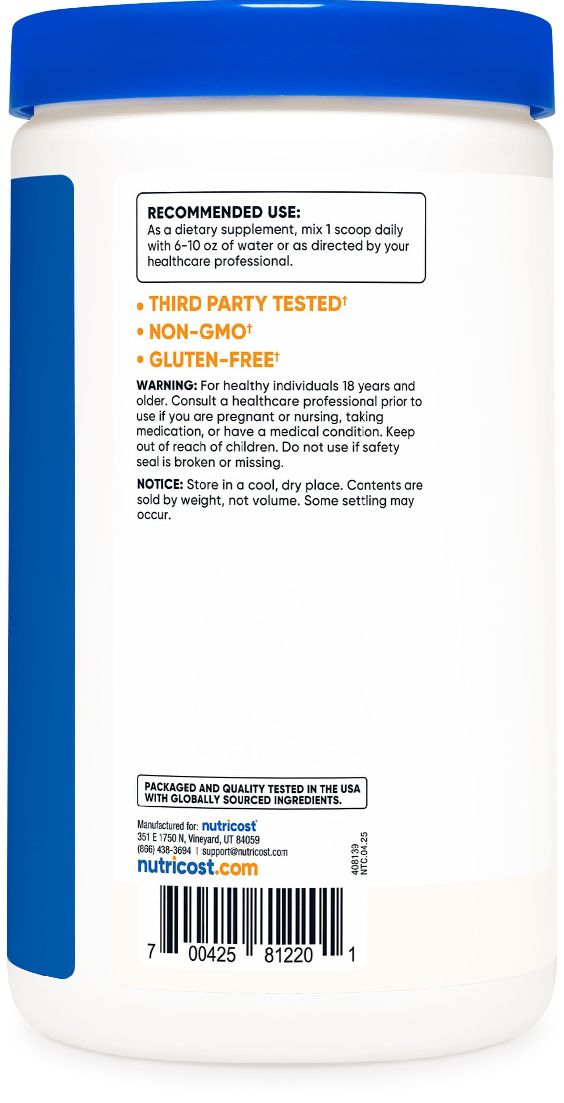 Nutricost DAA label highlights non-GMO and gluten-free features