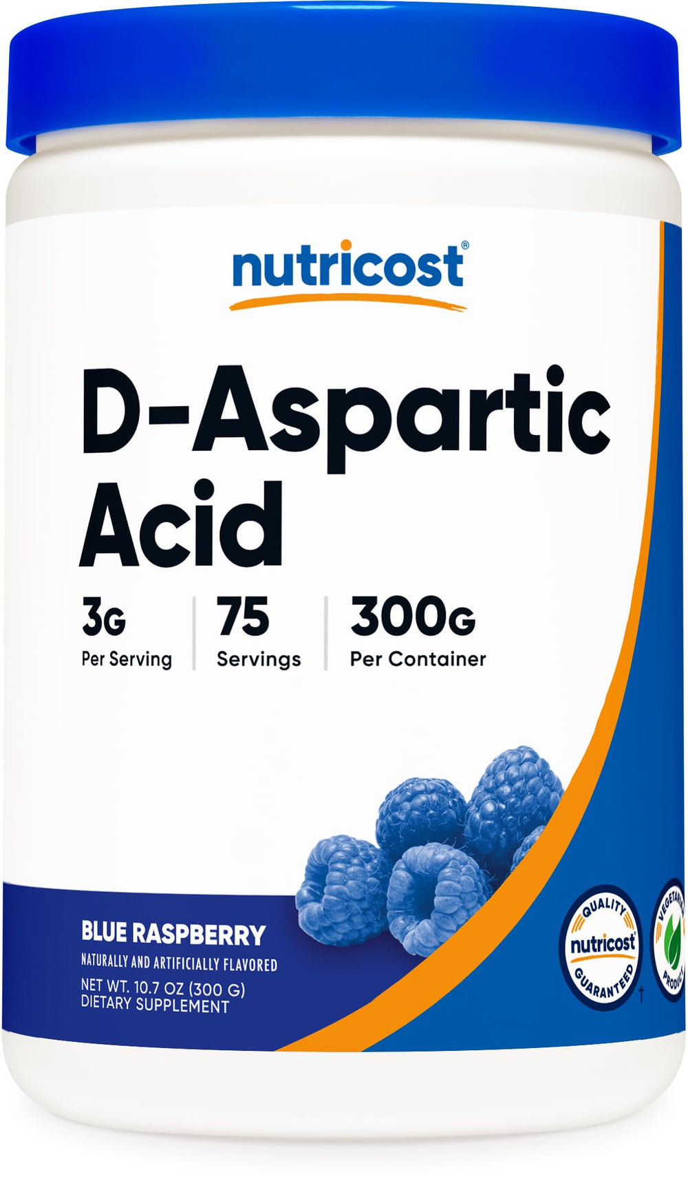 Nutricost DAA powder bottle with blue raspberry flavor for daily performance support