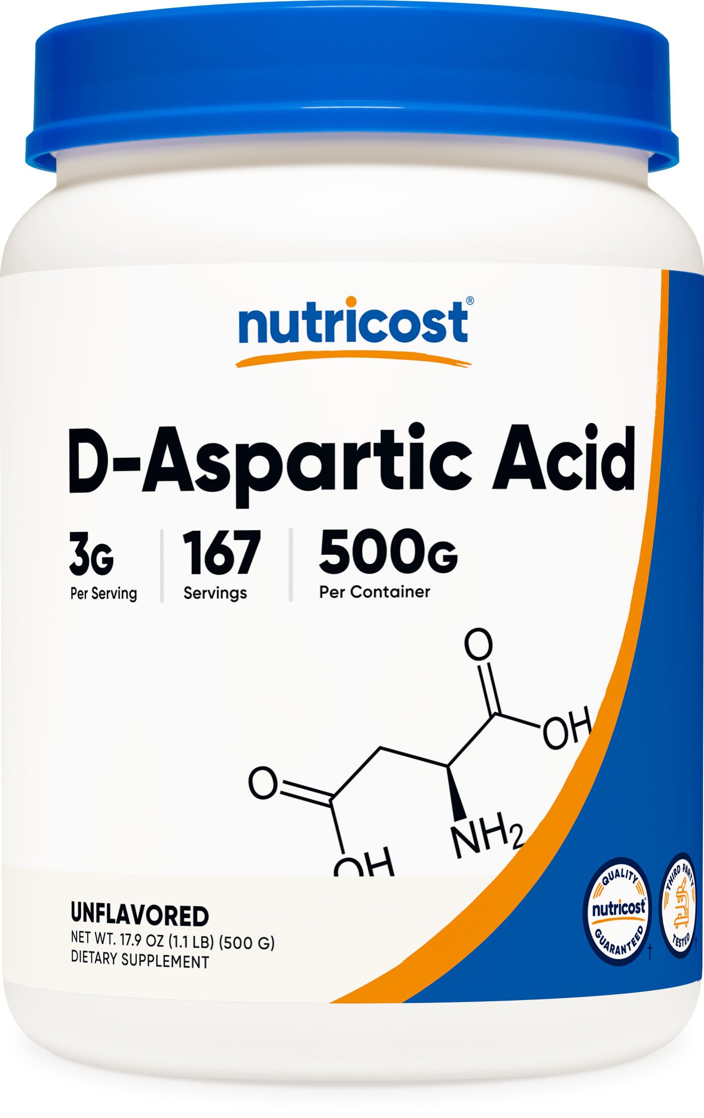 Nutricost DAA powder bottle showing a 500 g jar for easy daily use.