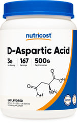 Nutricost DAA powder bottle showing a 500 g jar for easy daily use.