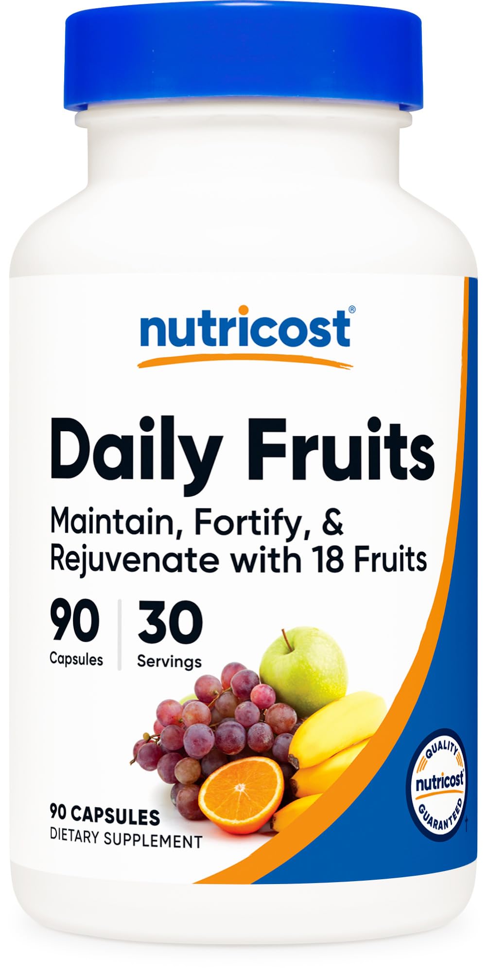 Nutricost Daily Fruits bottle with 18-fruit blend for daily wellness support.