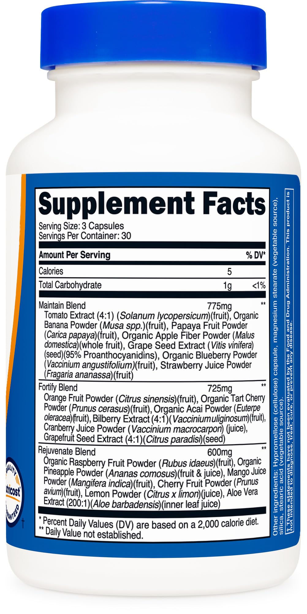 Nutricost Daily Fruits packaging shown to convey GMP-certified production.