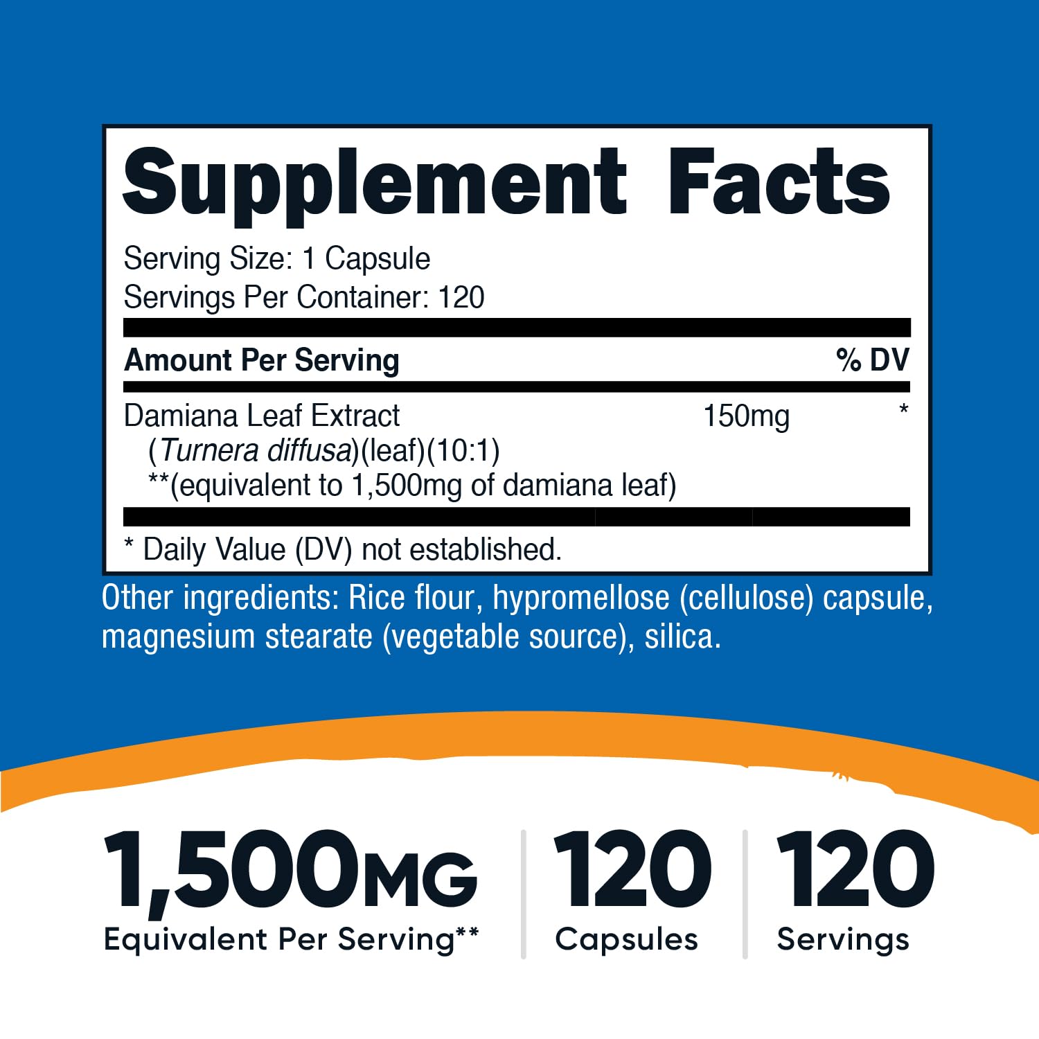 Nutricost Damiana Leaf Capsules close-up showing 1500 mg extract per serving.