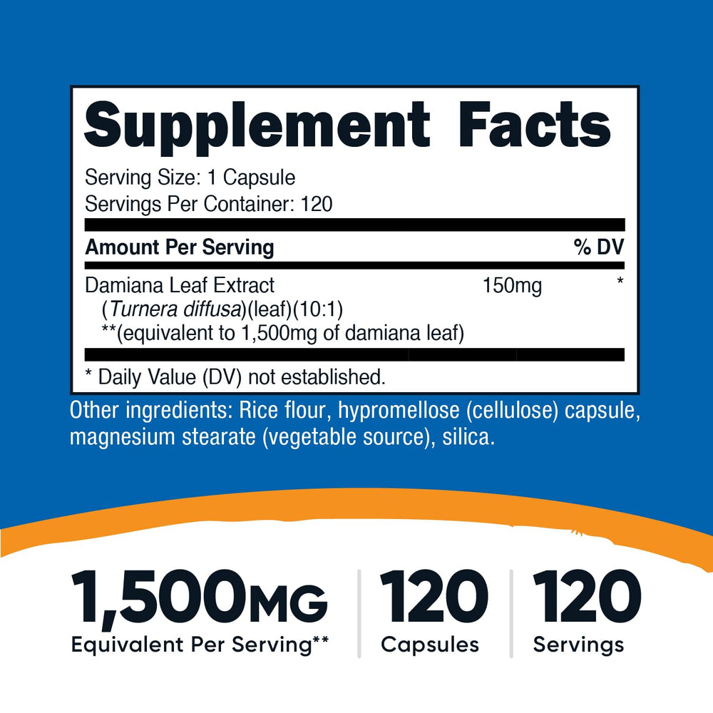 Nutricost Damiana Leaf Capsules close-up showing 1500 mg extract per serving.