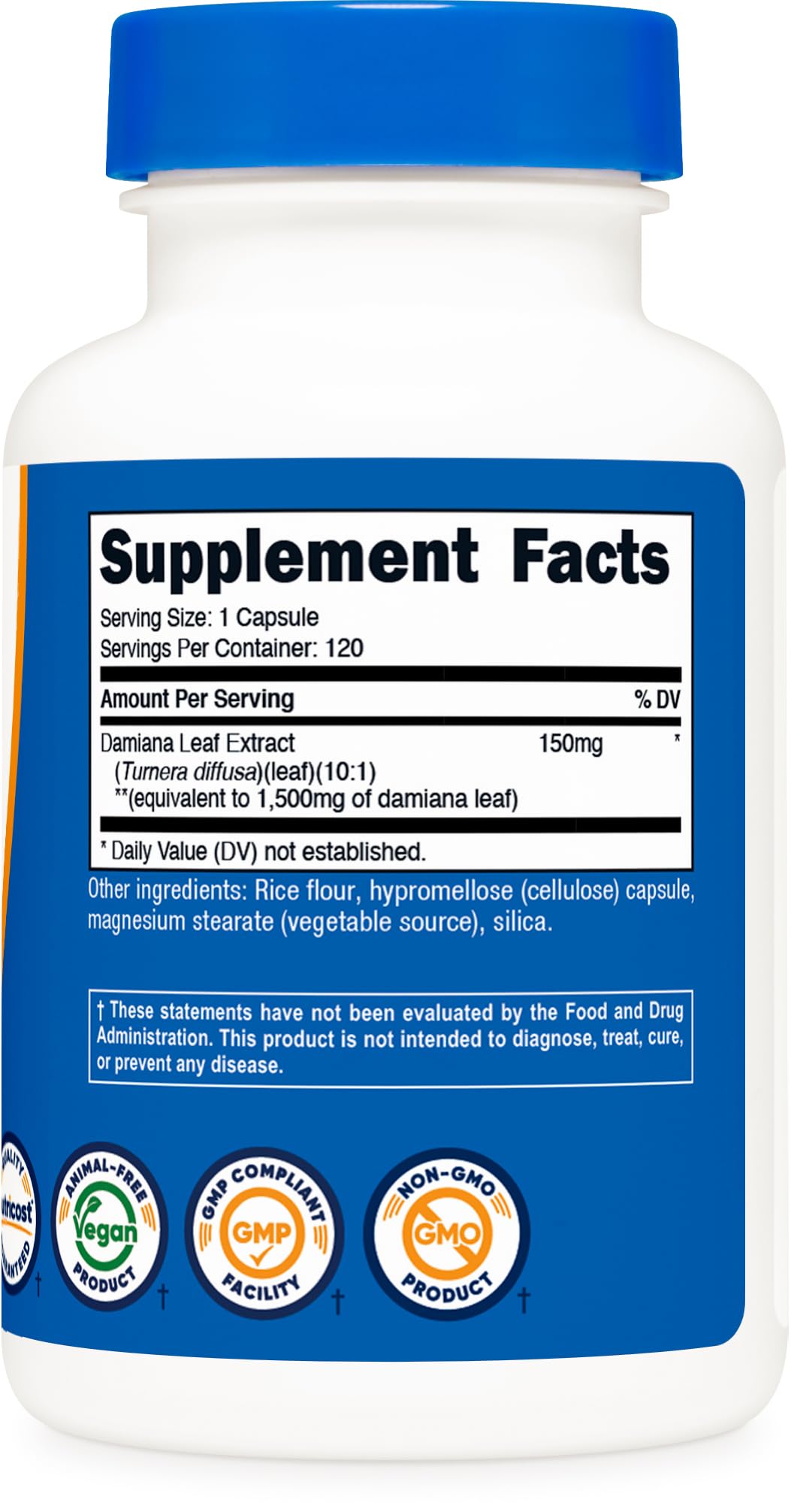 Nutricost Damiana Leaf Capsules bottle on clean surface.