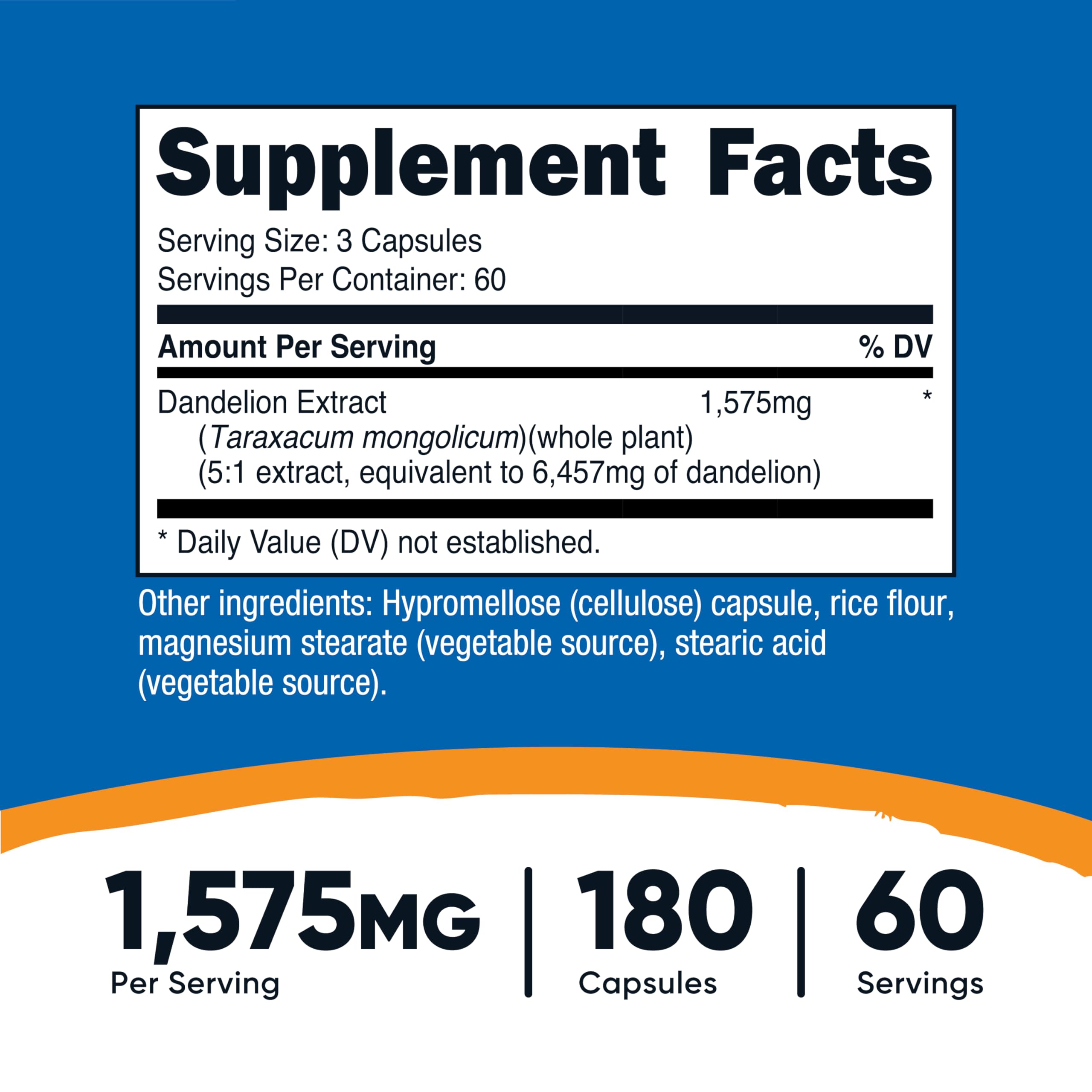 Closeup of Nutricost Dandelion Extract capsules showing 5:1 extract potency.