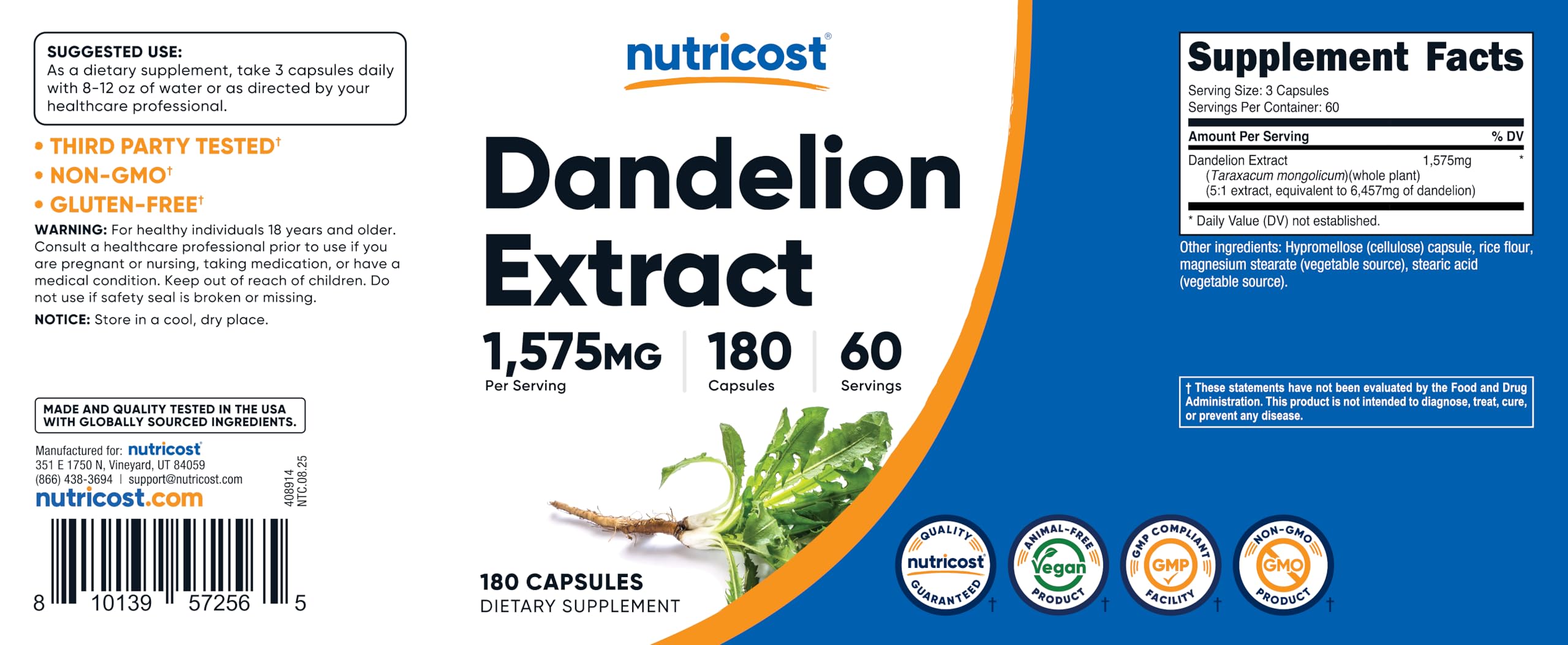Facility certification materials accompany Nutricost Dandelion Extract.