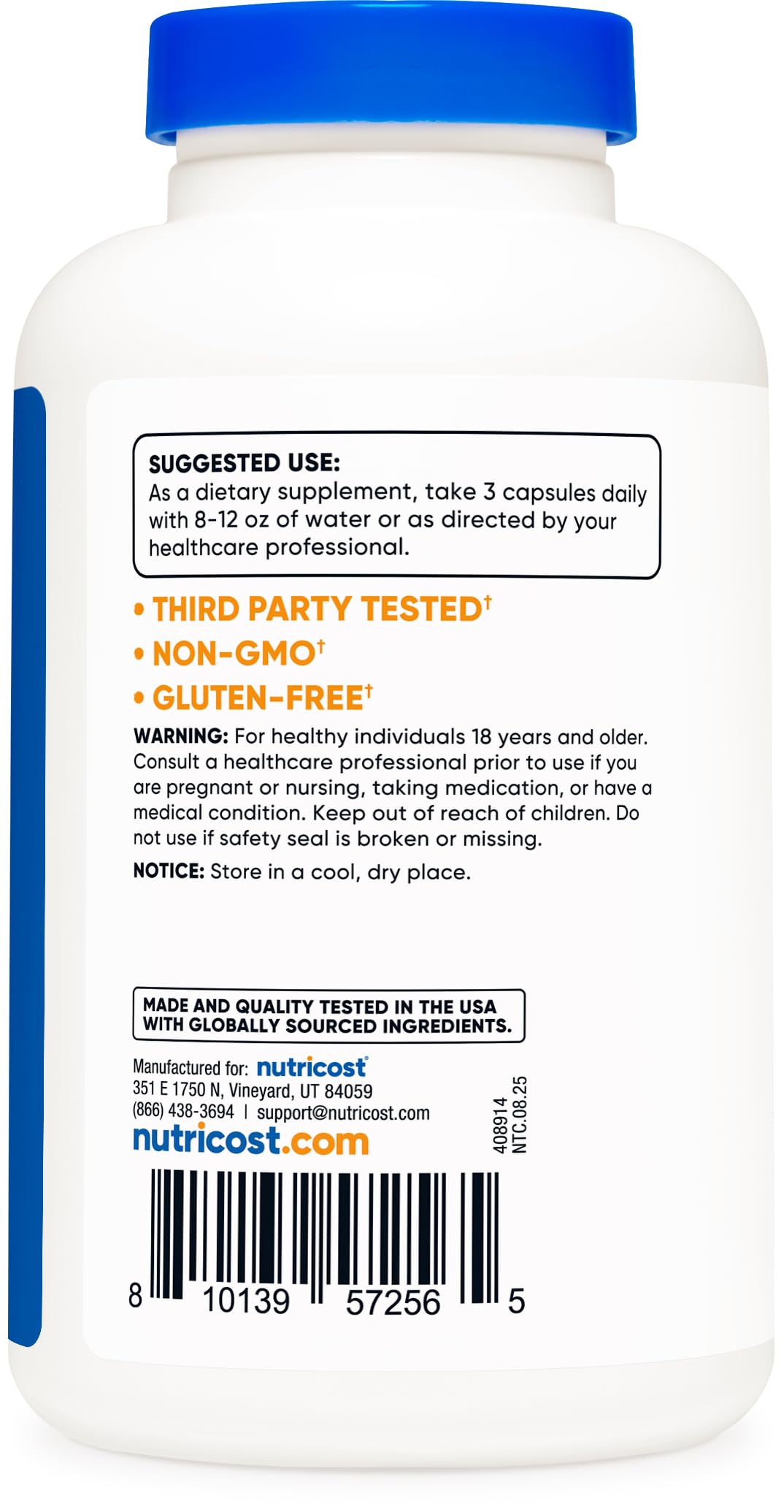 Nutricost label with ISO testing badge and quality marks.
