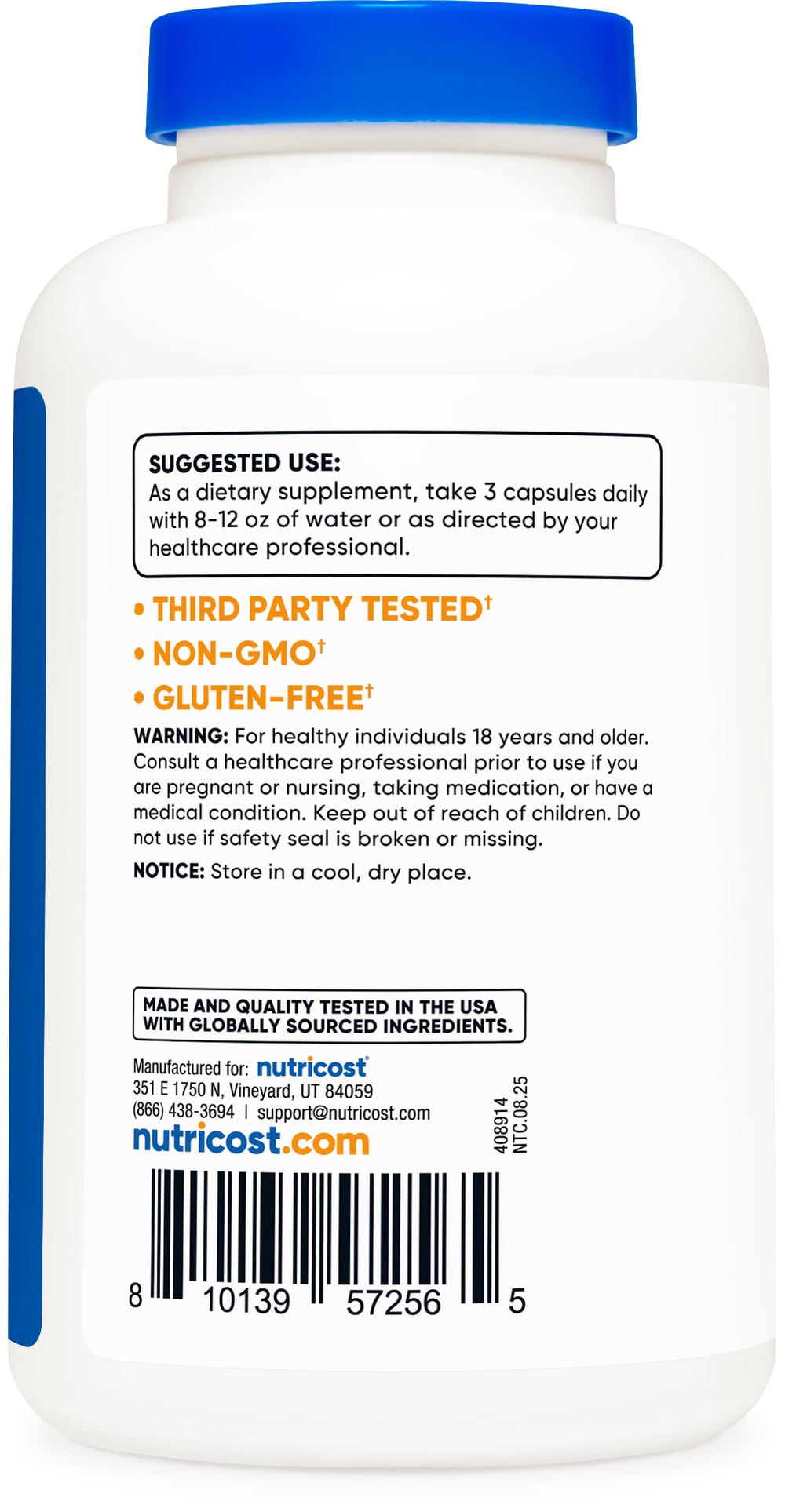 Nutricost label with ISO testing badge and quality marks.