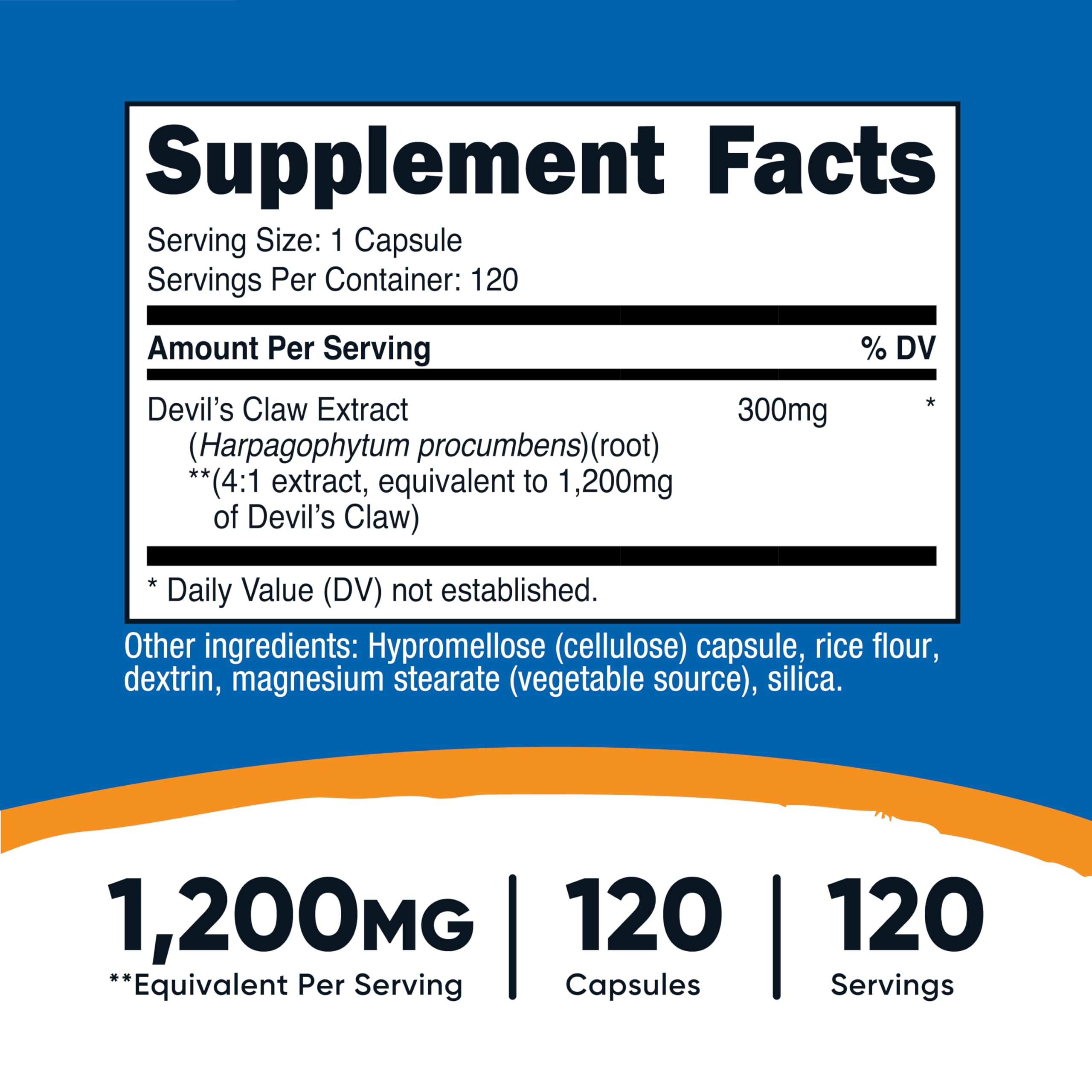 Devils Claw veggie capsules in bottle, easy to swallow