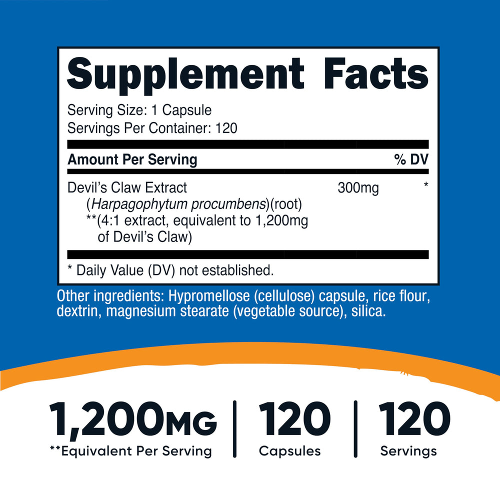 Devils Claw veggie capsules in bottle, easy to swallow