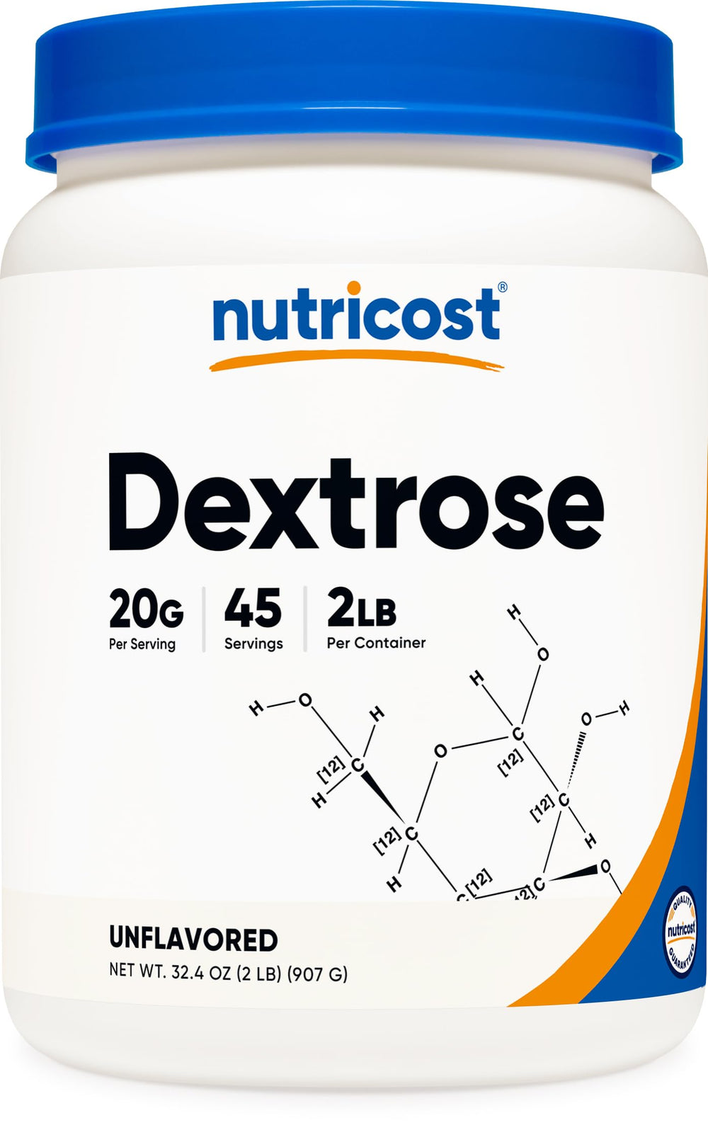 Nutricost Dextrose Powder bottle display, gluten-free and non-GMO for baking and beverages.
