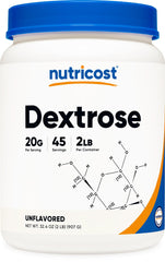 Nutricost Dextrose Powder bottle display, gluten-free and non-GMO for baking and beverages.