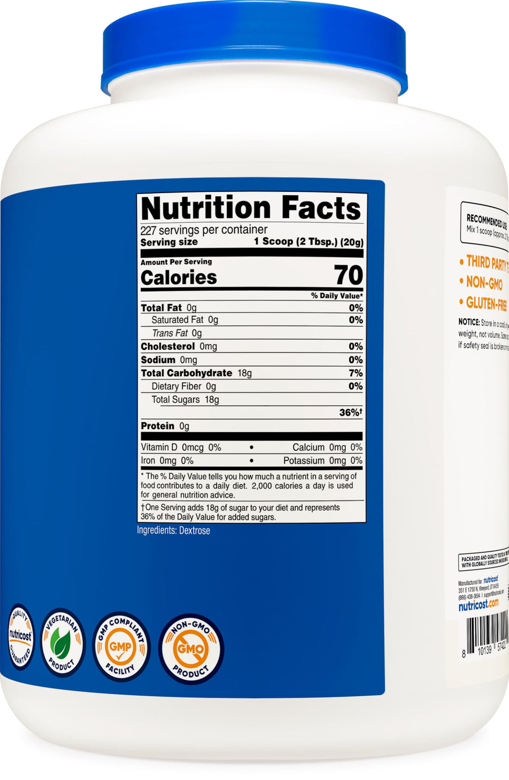Nutricost Dextrose powder container on a shelf ready for kitchen tests.