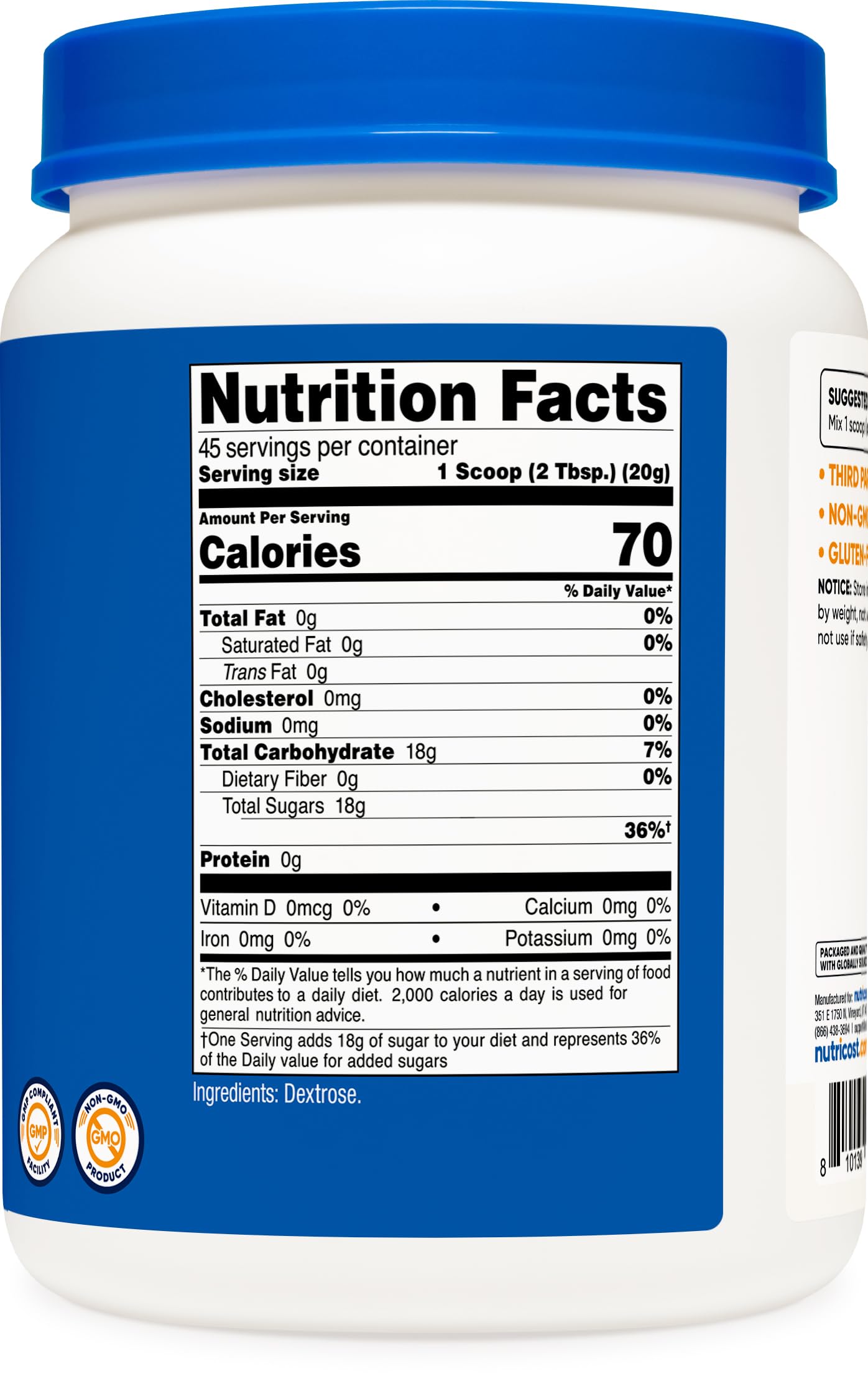 Nutricost Dextrose Powder jar closeup highlights clear powder and packaging.