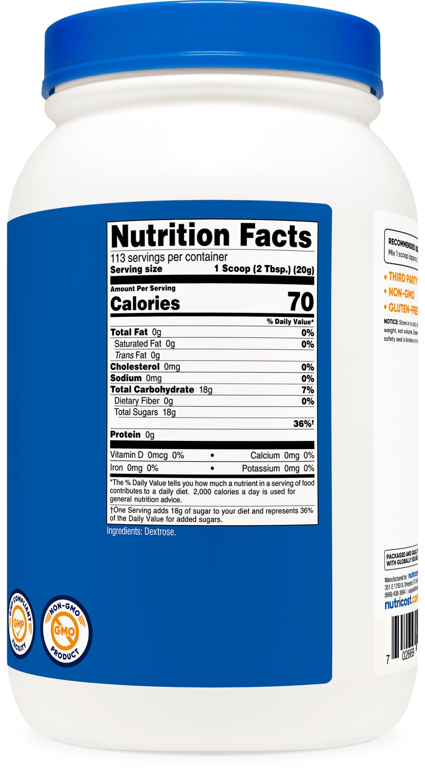 Nutricost Dextrose production facility GMP FDA registered ensures quality.