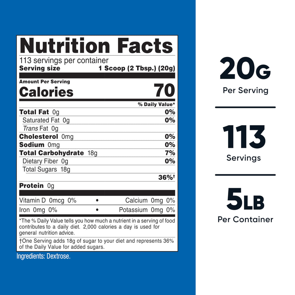 Nutricost Dextrose scoop dispensing image shows precise serving size.