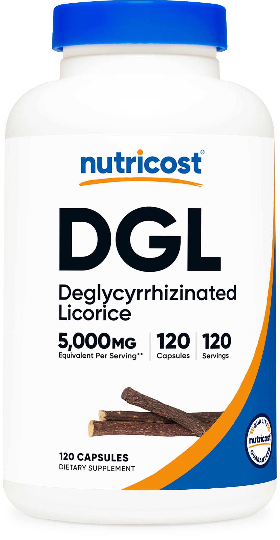 Nutricost DGL capsules bottle front shows packaging and 120 servings for daily use