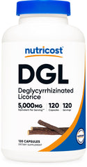 Nutricost DGL capsules bottle front shows packaging and 120 servings for daily use