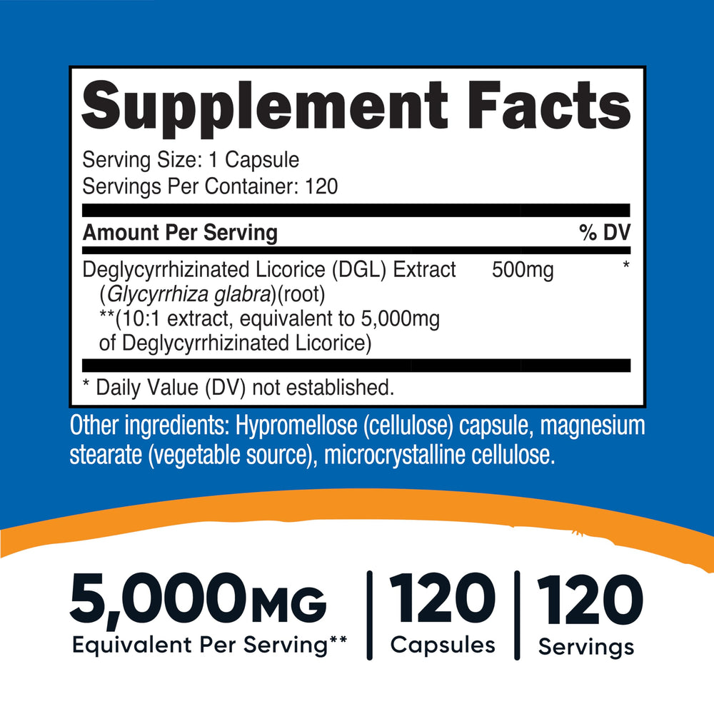Nutricost DGL capsules bottle label close-up highlights ingredients and quality