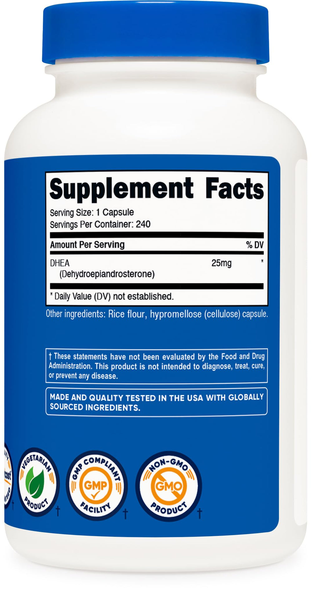 Nutricost DHEA 25mg bottle; third-party tested for quality assurance.