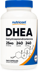 Nutricost DHEA 25mg capsules bottle; convenient daily supplement for your routine.