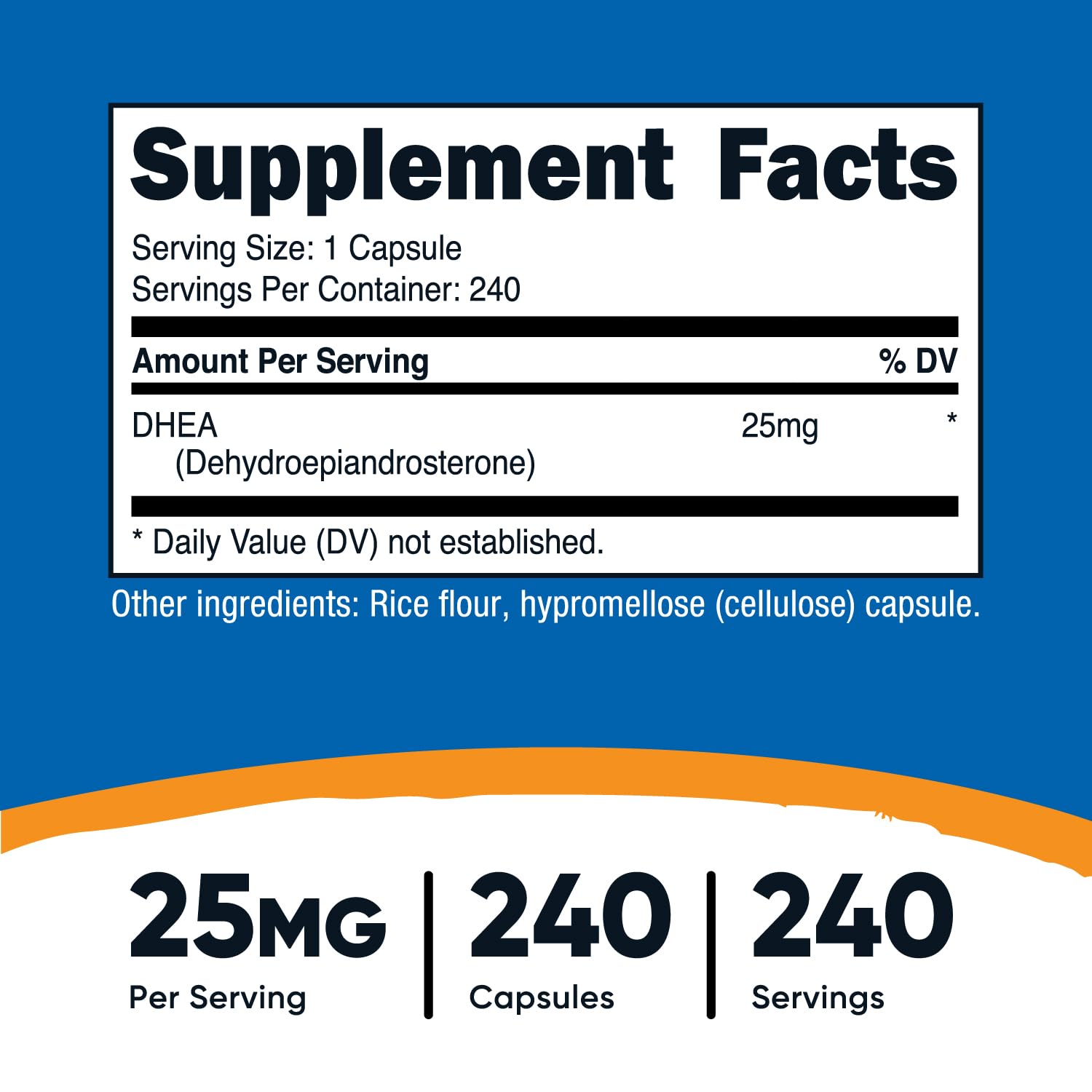 Close-up of Nutricost DHEA 25mg capsules; easy-to-swallow daily option.
