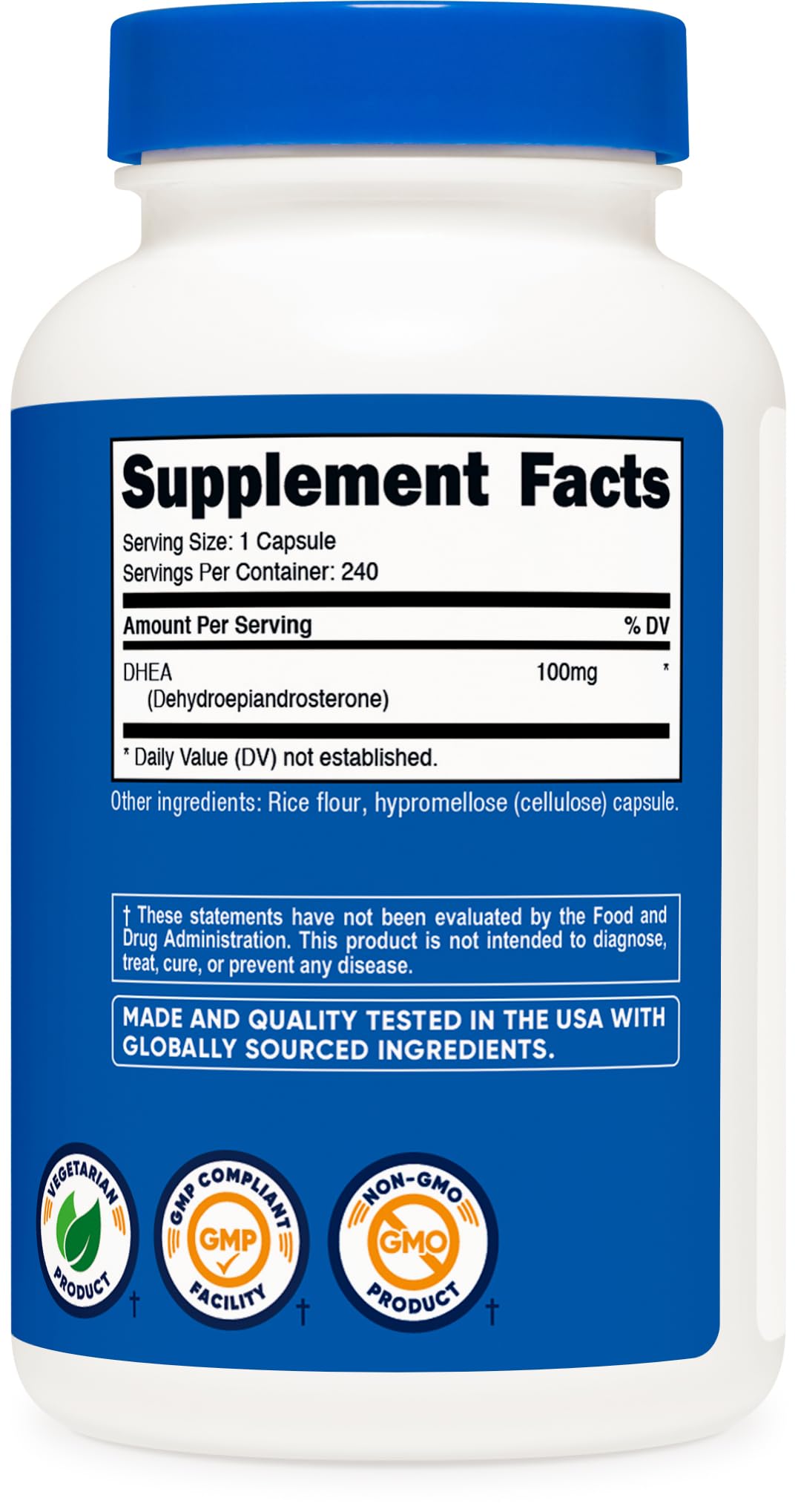 Nutricost DHEA 3rd-party testing seal indicating quality assurance.