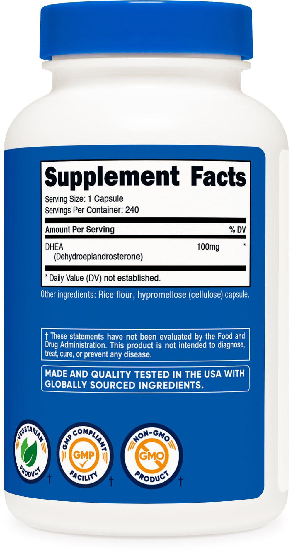 Nutricost DHEA 3rd-party testing seal indicating quality assurance.