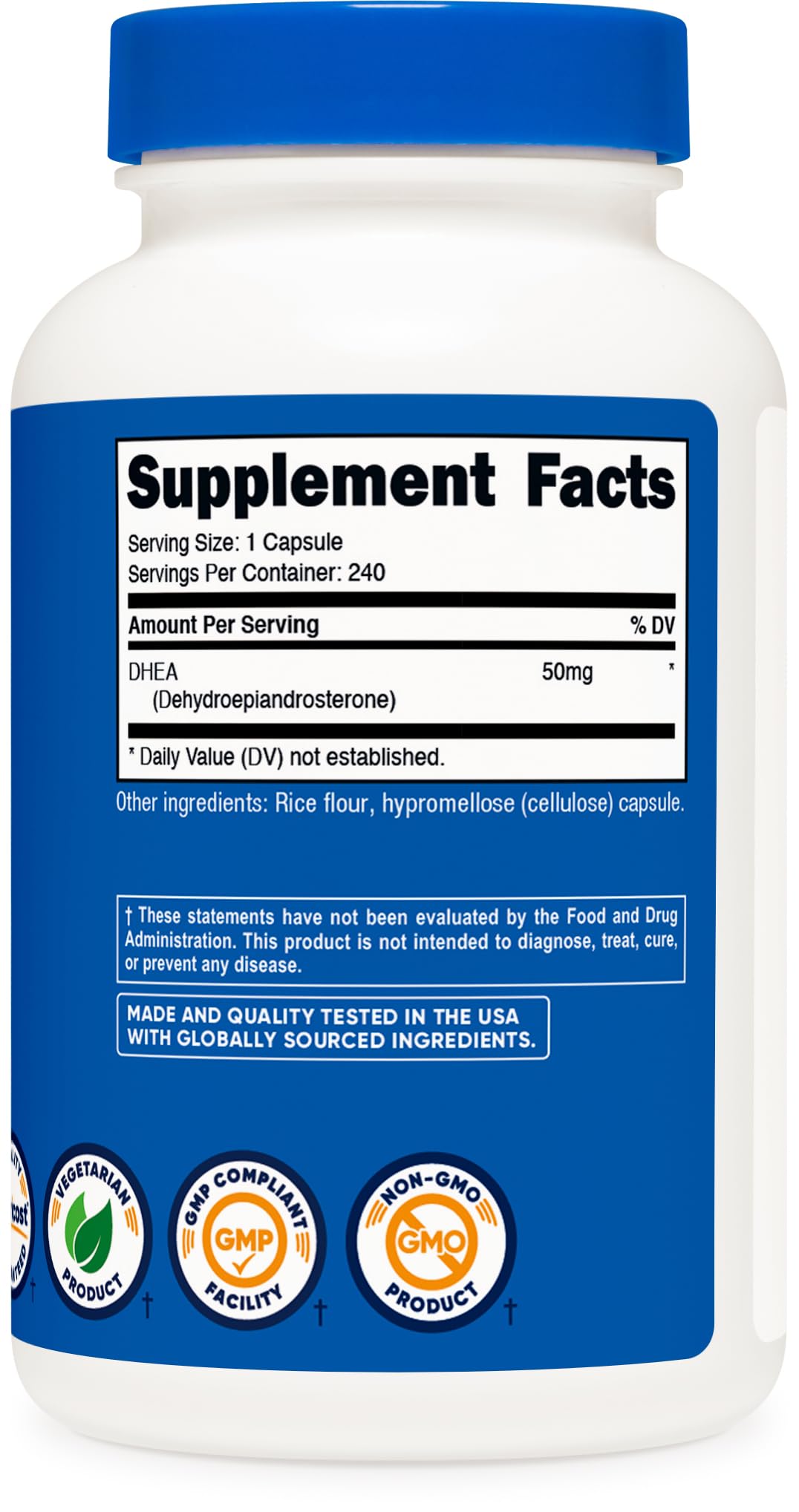 Nutricost DHEA 50mg bottle on table for daily routine