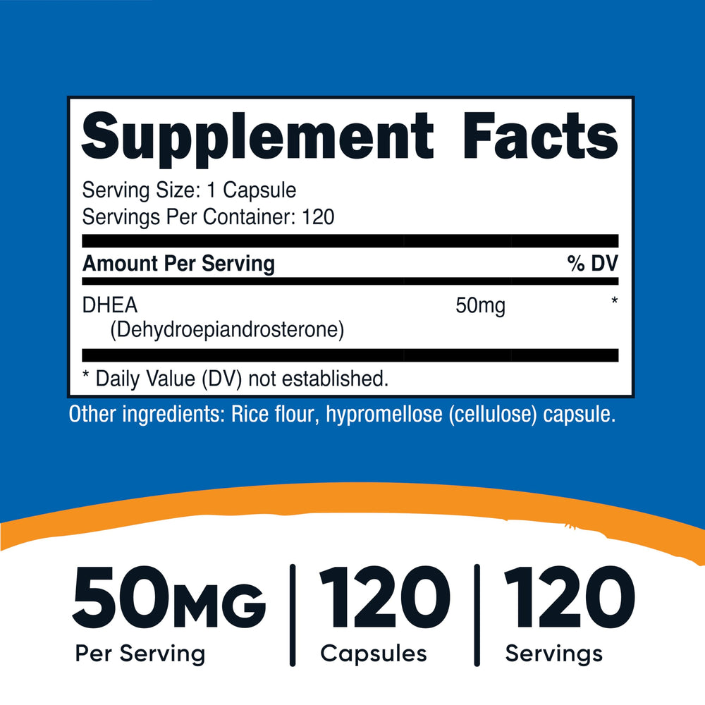 Nutricost DHEA 50mg capsules close-up showing quick-release design.