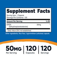 Nutricost DHEA 50mg capsules close-up showing quick-release design.