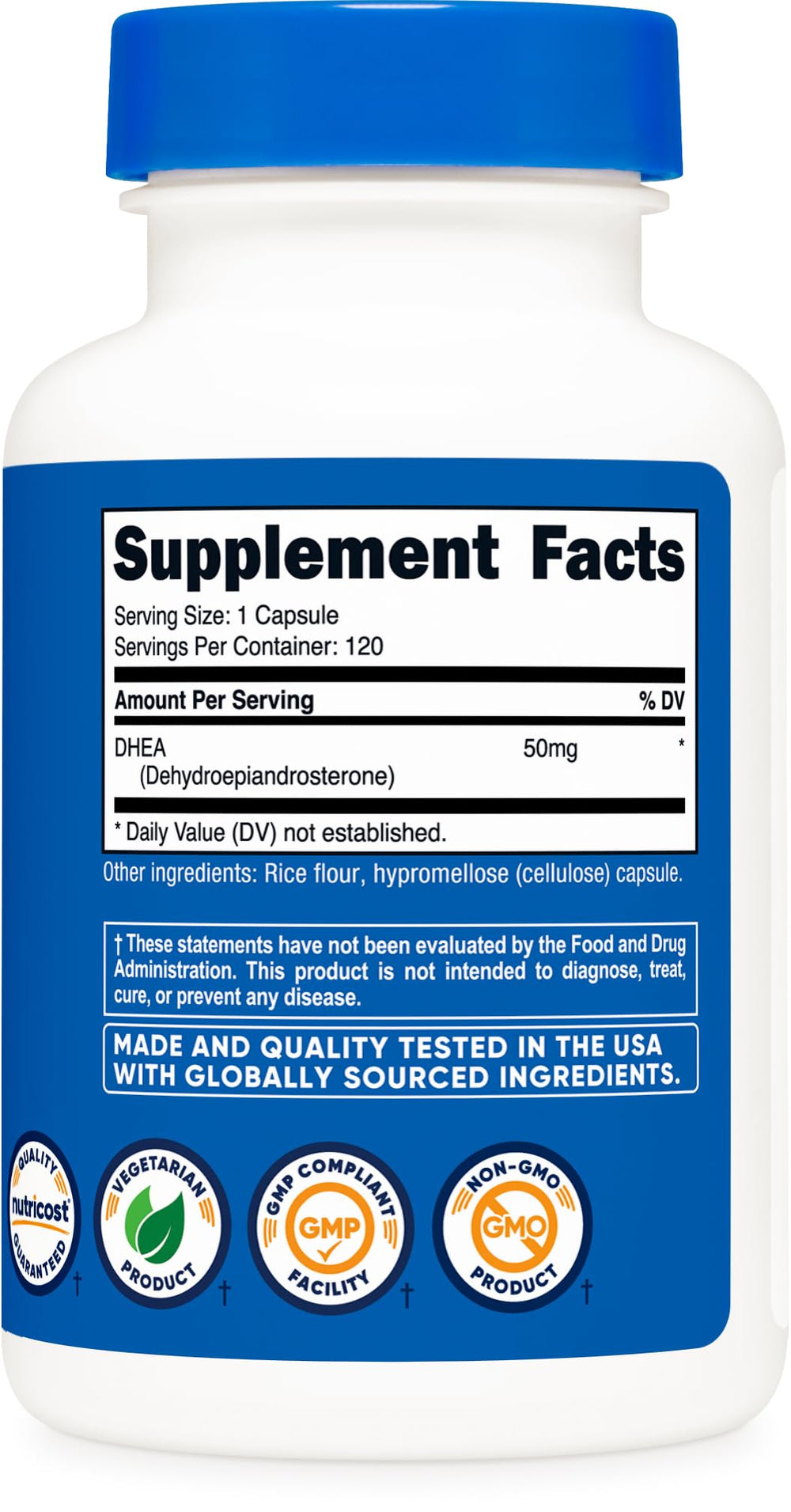 Nutricost DHEA 50mg packaging box with gluten-free and non-GMO labels.