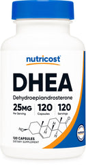 Nutricost DHEA bottle front view highlights 25 mg capsules for daily use.