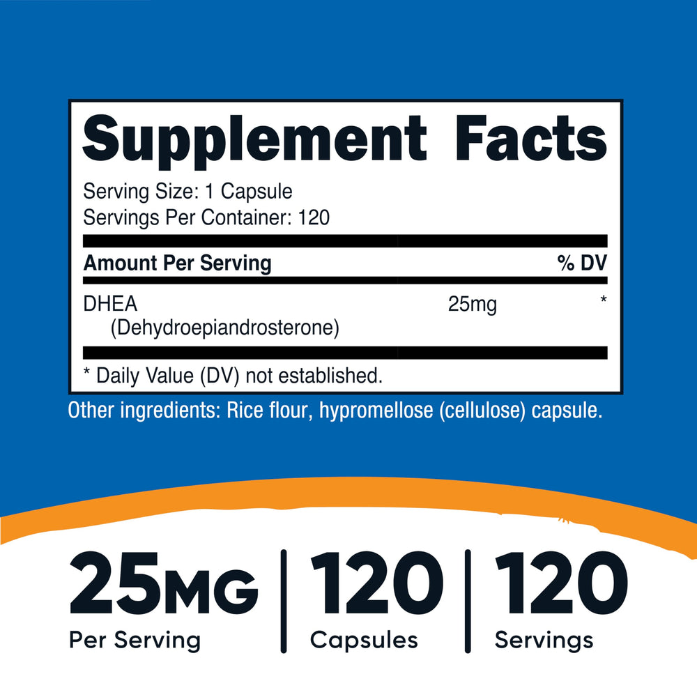Nutricost DHEA capsules close-up shows 25 mg dosage for quick-release daily use.