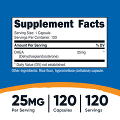 Nutricost DHEA capsules close-up shows 25 mg dosage for quick-release daily use.