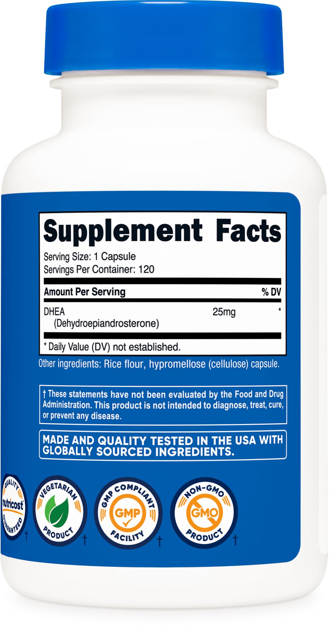 Nutricost DHEA third-party ISO testing badge demonstrates quality assurance.