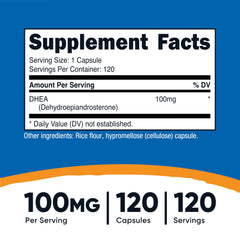 Nutricost DHEA label close-up highlighting non-GMO gluten-free and soy-free claims