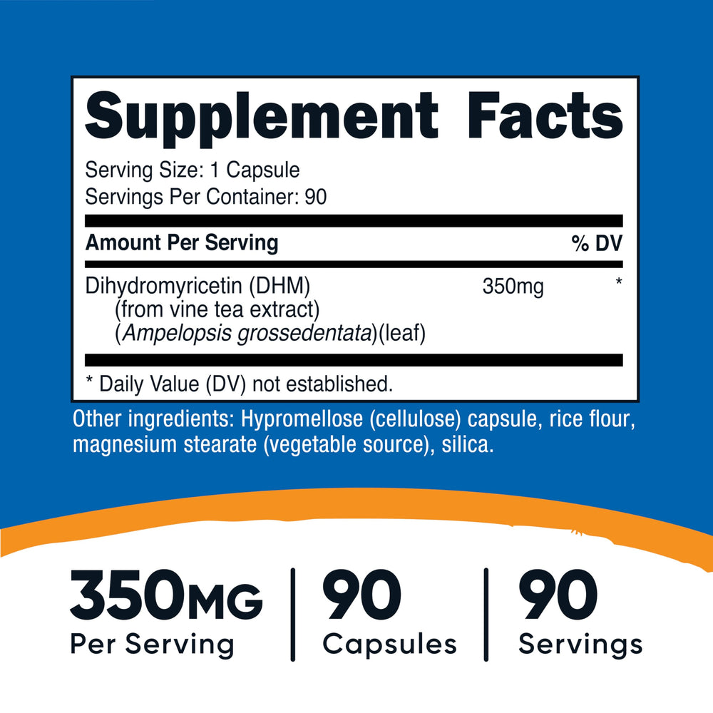 Nutricost DHM capsules label close-up highlighting GMP quality.
